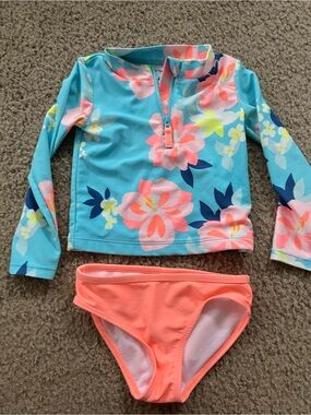 Carter's Aqua Floral Long-Sleeve Rashguard with Coral Bottoms
